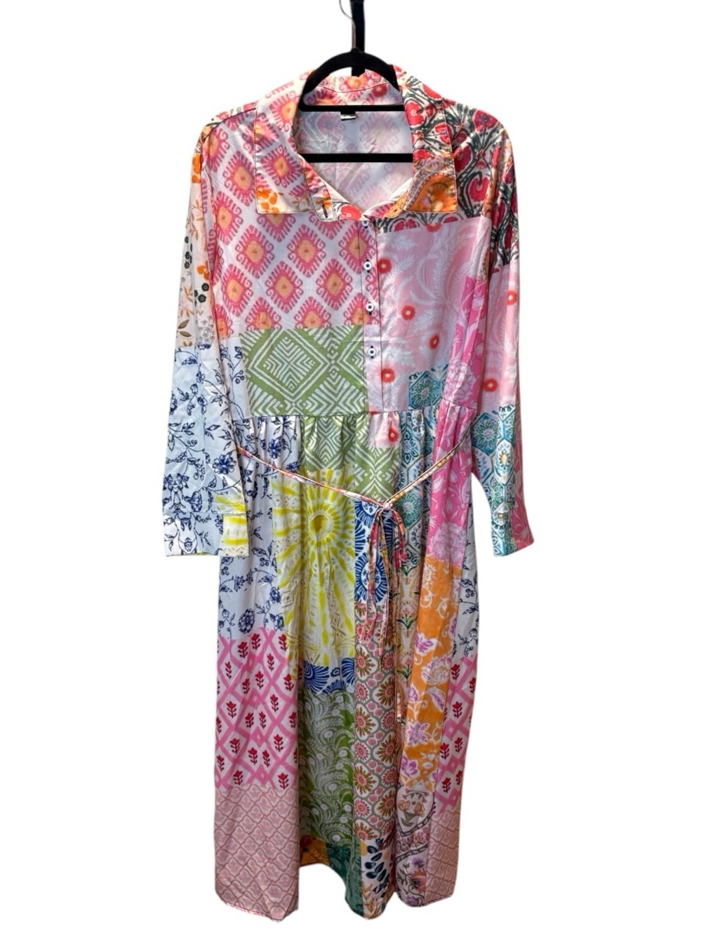 Multicolor Patchwork Print Shirt Dress with Waist Tie
